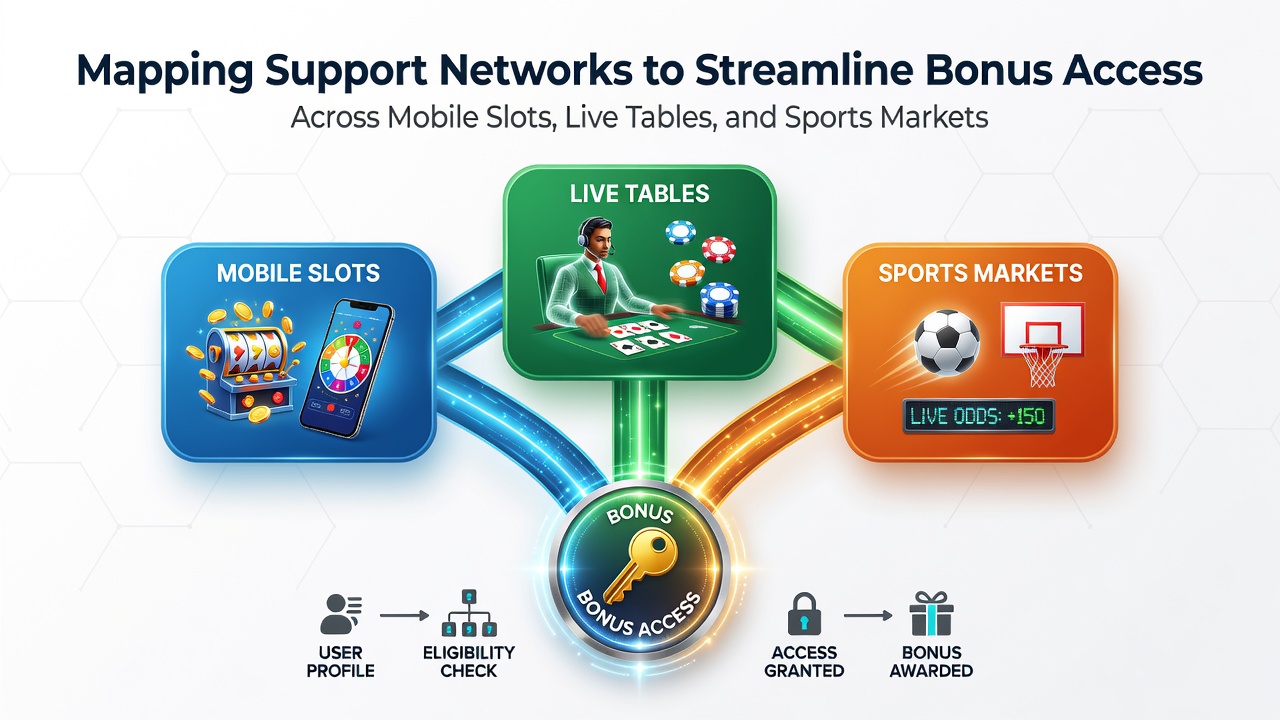 Netzwerkkarte mit Verbindungen zwischen mobilen Slots, Live-Tischen und Sportwetten