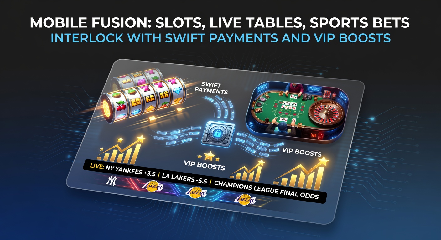 Dynamisches Mobile-Fusion-Interface, das Slots, Live-Dealer-Tische und Sportwetten in Echtzeit integriert, mit Zahlungs- und VIP-Elementen im Vordergrund